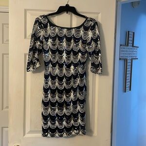 Dressy blue and white scalloped sequin design lined short dress in size XS